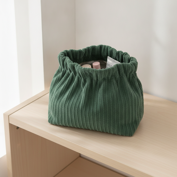 Close-up of a forest green corduroy elastic storage bag on a cream shelf, showcasing its soft texture and ridges.