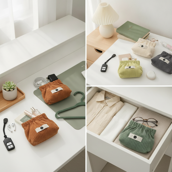Top-down view of five corduroy storage bags in various home settings, organizing tech accessories, linens, and bedside essent