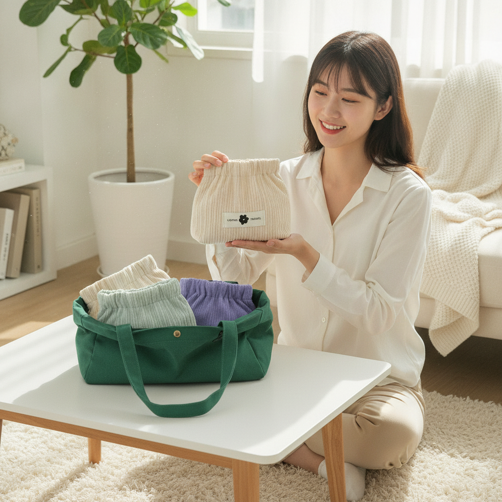 A smiling young person holds a cream corduroy storage bag; two more bags are in a forest green tote bag on a white surface in