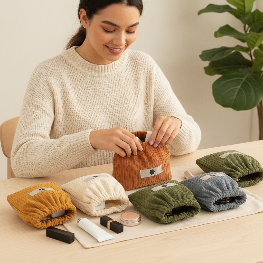 Young woman with a cream sweater smiles, organizing small items into five corduroy storage bags on a light wooden desk with a