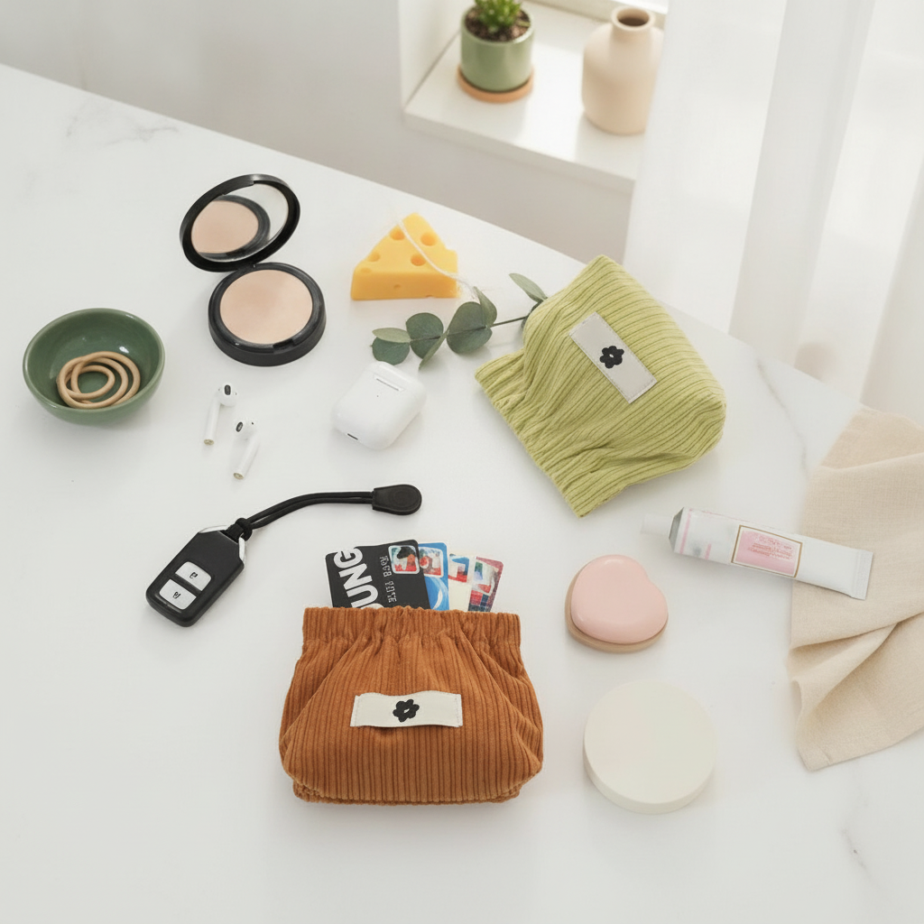 A flat lay shows five corduroy elastic storage bags in various colors, one open with a charging cable inside, on a clean surf
