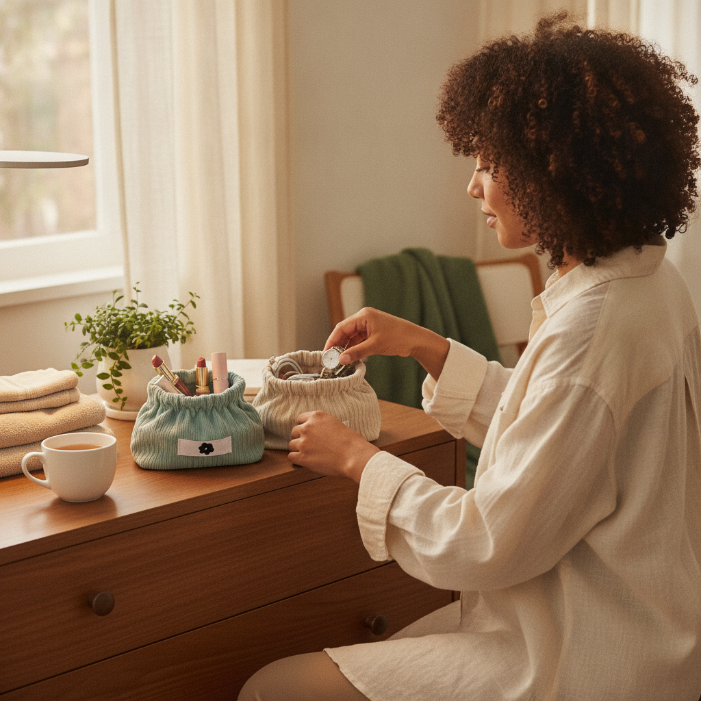 A diverse person organizes toiletries and small accessories into Corduroy Elastic Storage Bags on a bathroom counter. The bag