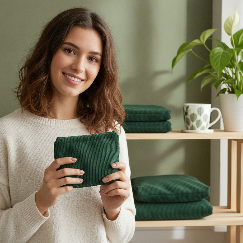 A smiling young woman holds a forest green corduroy storage bag in a cozy home setting, with other bags visible.